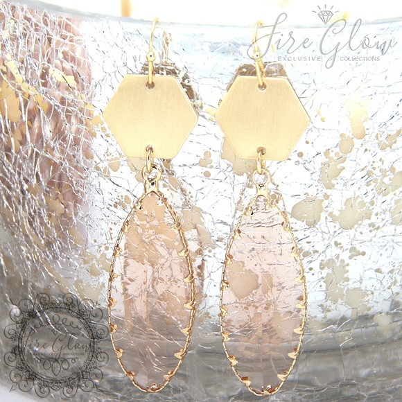 Peach Teardrop Gem Brushed Gold Tone Hex Earrings - Picture 9 of 15